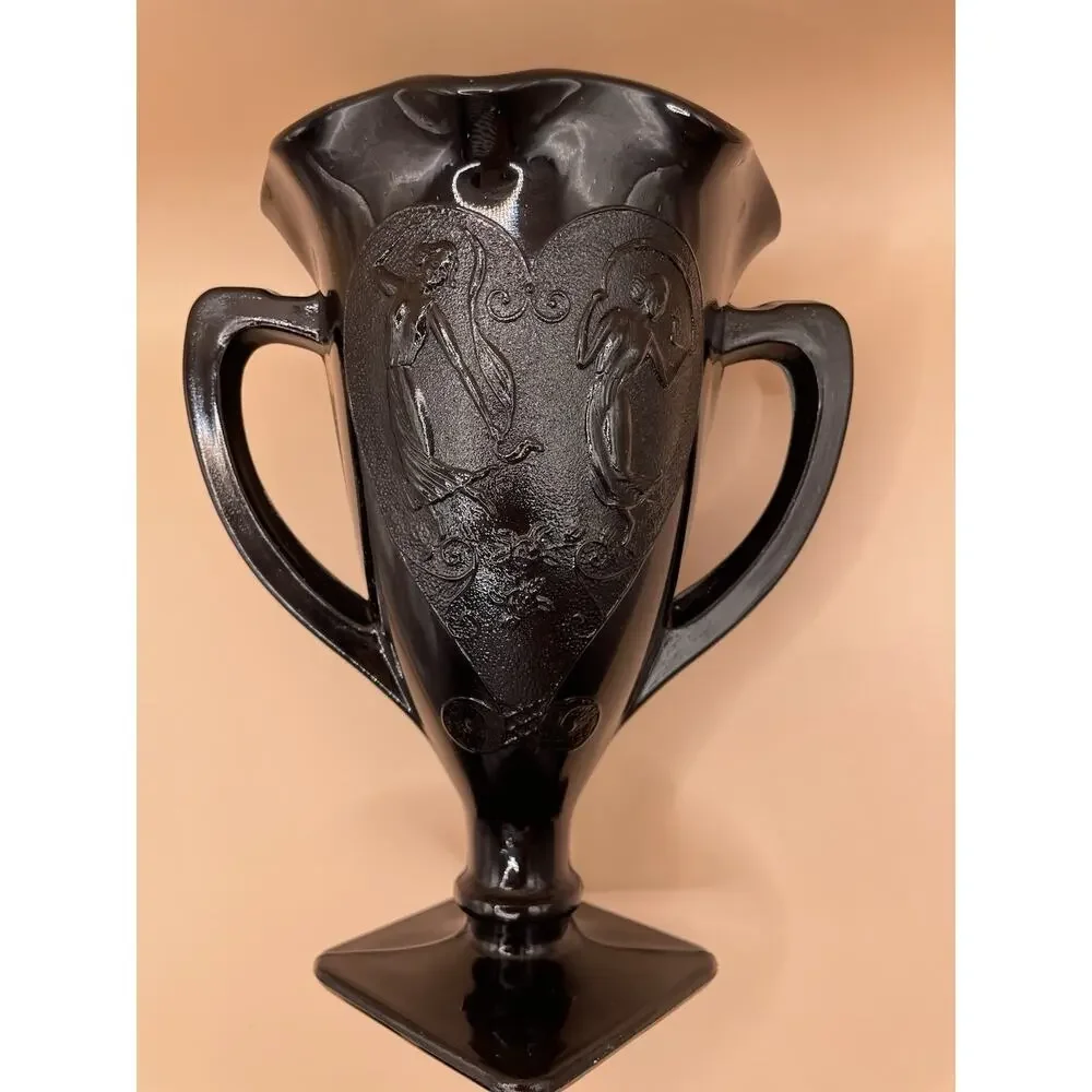 Vintage L.E. Smith Black Amethyst Glass Vase- Art Deco Two Dancing Nymphs